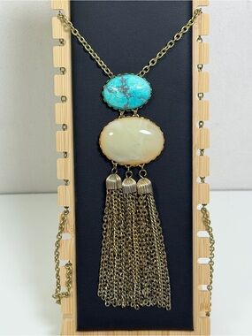 Loren Hope Turquoise Blue Cabochon Tassel Statement Necklace Boho 29”